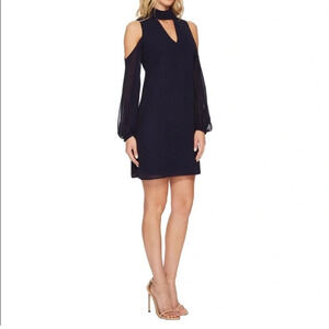 Vince Camuto Black VNeck Cutout Choker Collar chiffon cold shoulder dress Size 4